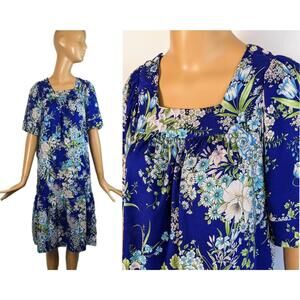 Liberty House 1970s blue floral dress tiki hawaiian square neck‎ kaftan midi